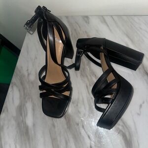 Black Platform Heels Chunky Block Heel Strappy Sandals Women's Size 11